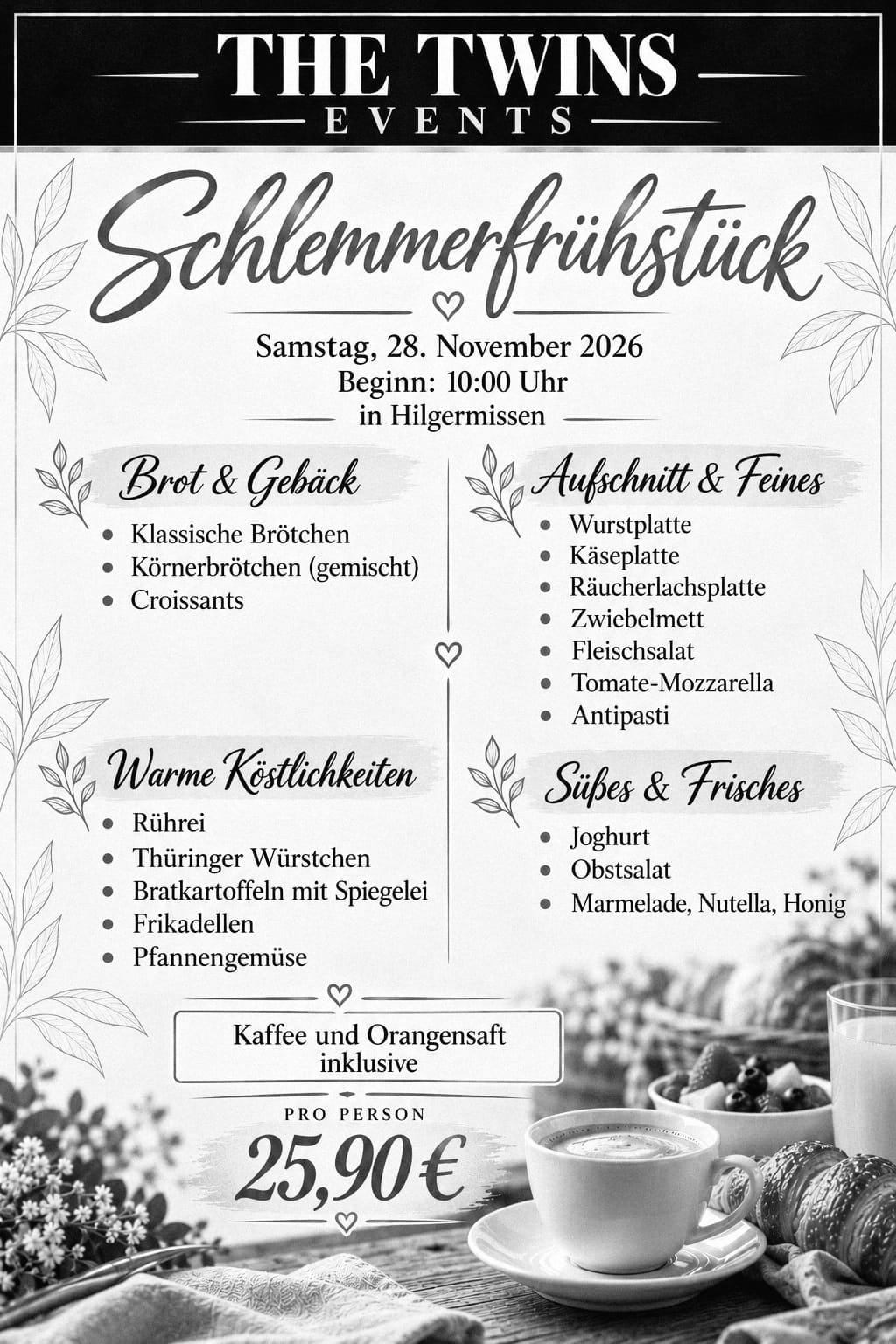 Flyer zum Schlemmerfrühstück von The Twins Events am 28. November 2026